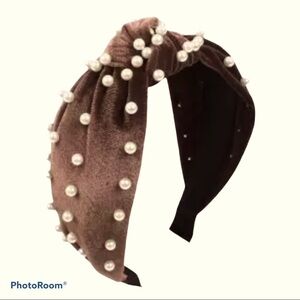 Fashion taupe brown velvet  pearl knot headband New